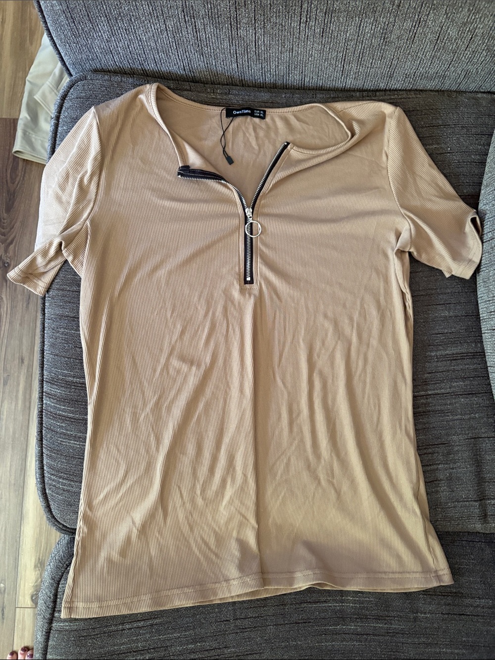 Tan Short Sleeve Zip-Front Ribbed Tee